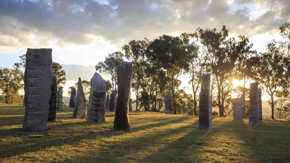 Sun shining over the Australian Standing Stones in Glen Innes, Country NSW